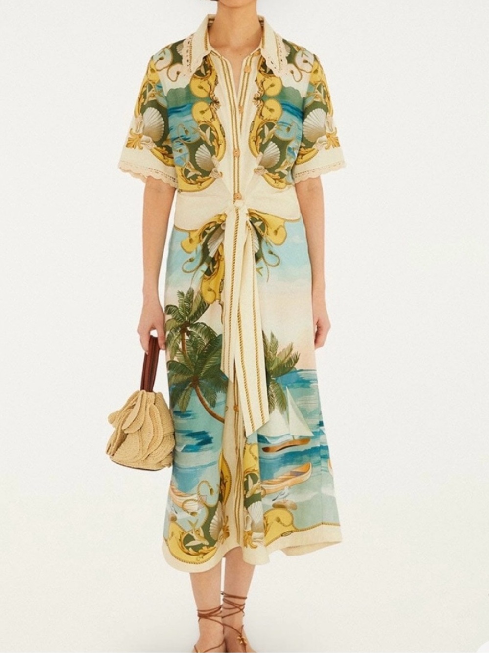 Farm Rio Printed Tie-Front Midi Dress in Teal and Cream
